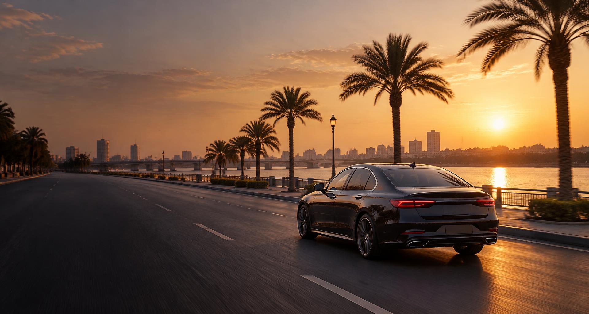 Illustrative luxury car beside the Baghdad riverside at sunset